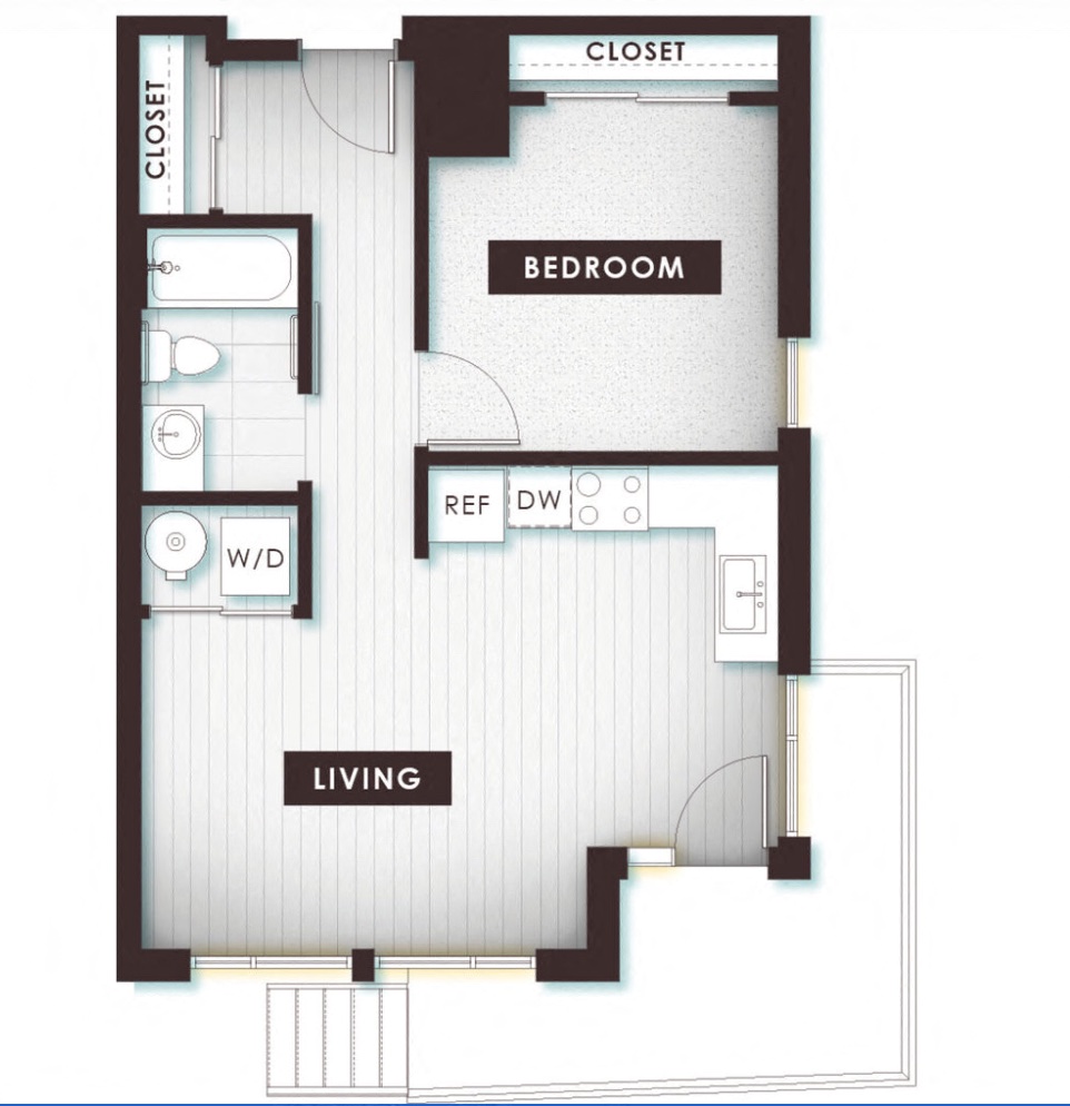 Floor plan for 1 bed, 1 bath, 583 sqft